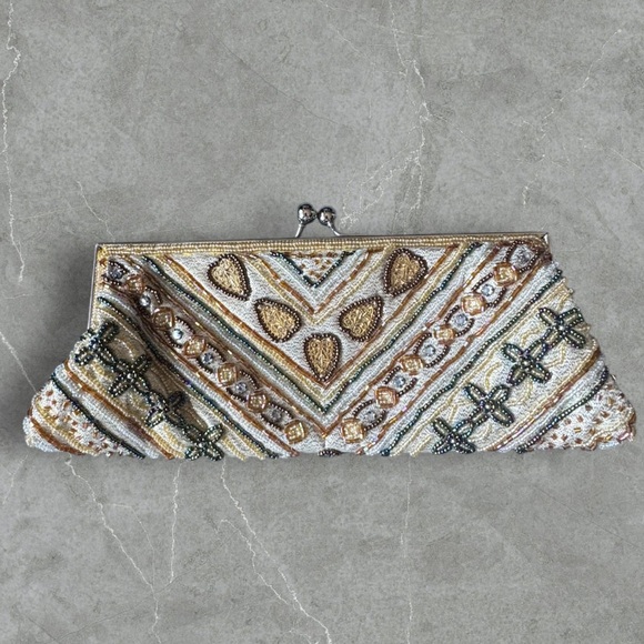 ✅Vintage Beaded Clutch in Gold, Silver & Cream with Teal Accents - Picture 8 of 15
